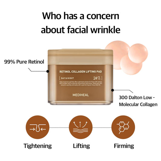 Mediheal Re-tinol Collagen Lifting Toner Pad – Firming Vegan Pads with Pure Re-tinol & Dual Collagen | Wholesale K-Beauty