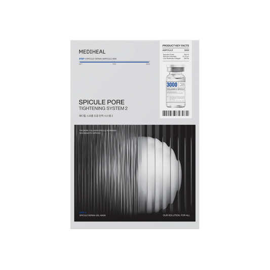 Front view of Mediheal Spicule Pore Tightening System 2 dual-step collagen mask packaging